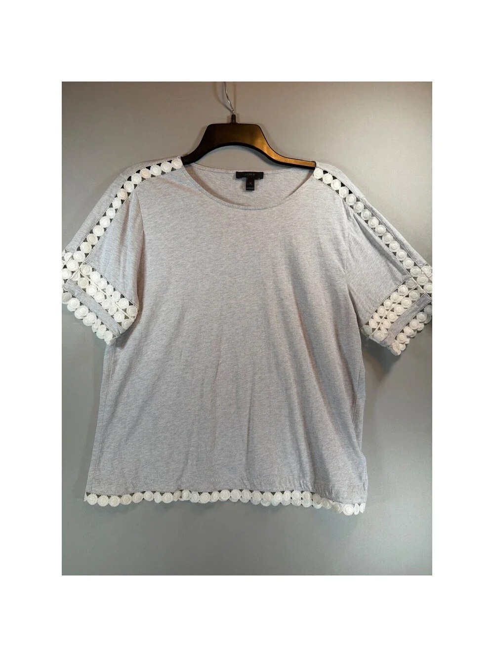 J.Crew Womens Gray Heather Cotton Crochet Lace Trim Short Sleeve Shirt Size M